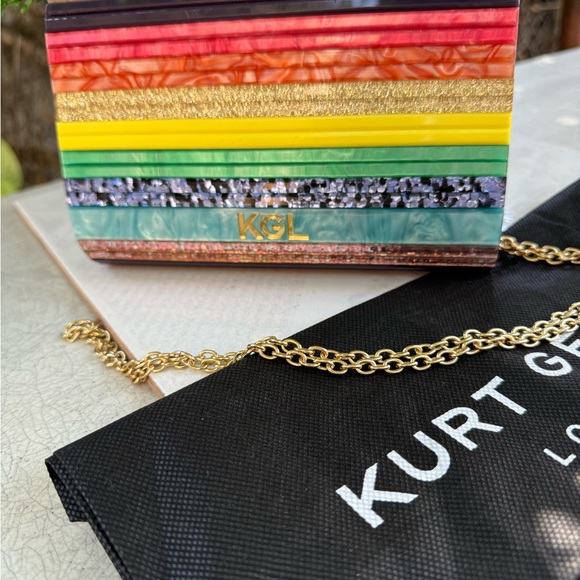 KURT GEIGER LONDON PARTY CLUTCH BAG new with dust bag rainbow paneled pe… - Picture 6 of 11